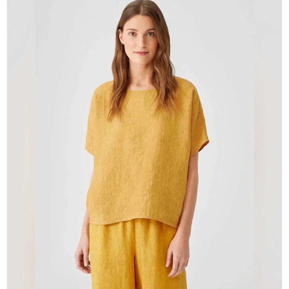 Eileen Fisher Womens Organic Washed Linen Delave Top Size 2X Mustard Yellow